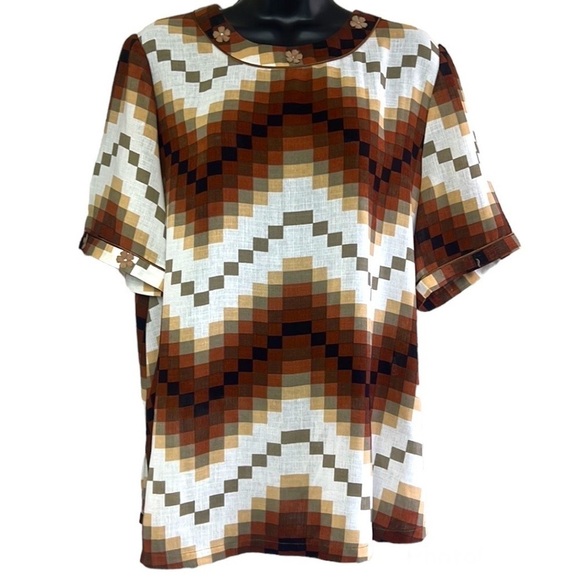 Vintage🧚‍♀️Chance Zigzag Print Short Sleeve Blouse - Picture 1 of 16